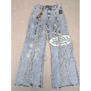 Von Dutch Tie Front Wide Leg Jeans Womens 9 Light Wash Patch Lace Up Embroidered